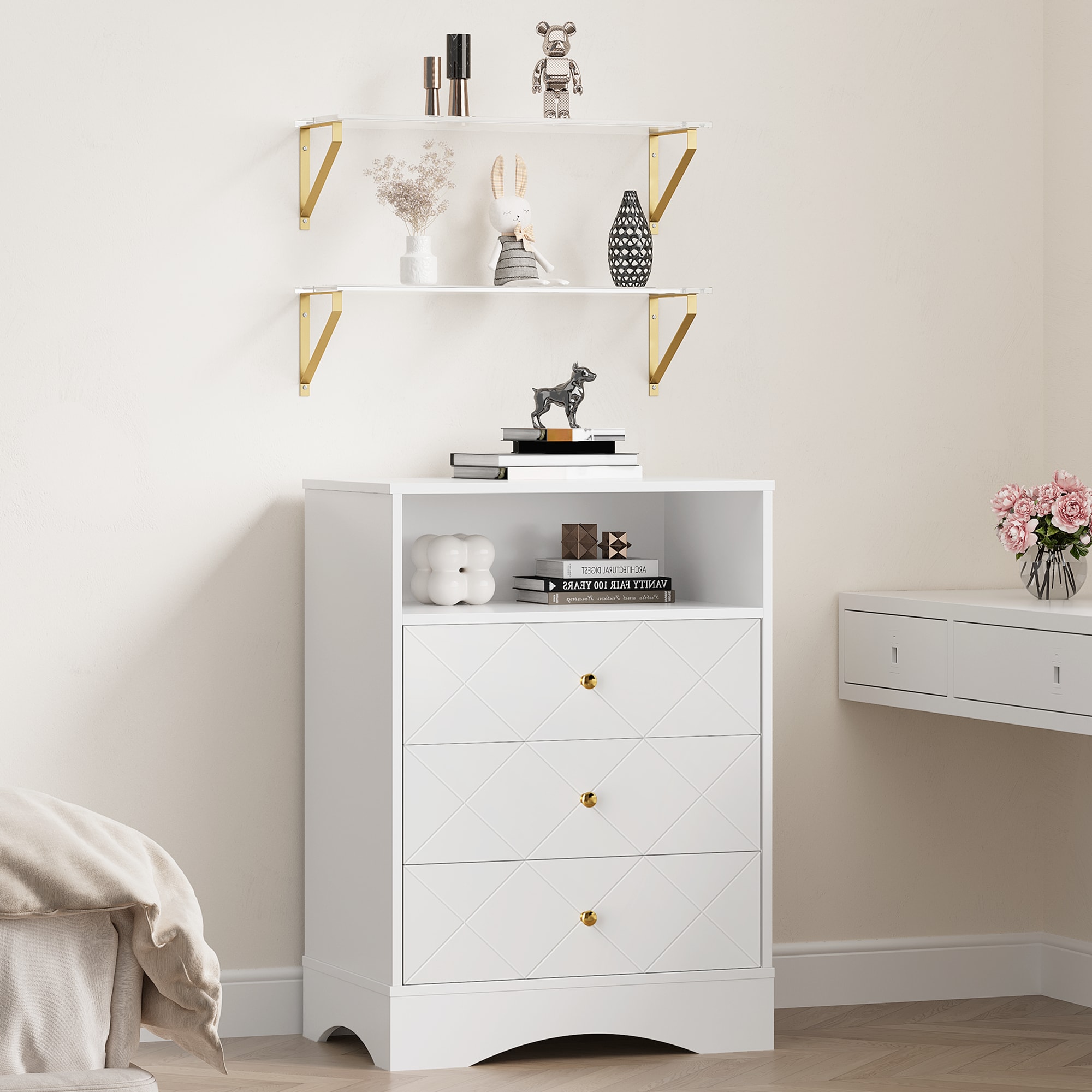 Dresser With Drawers & Floating Shelves, 3 Drawer Dresser With Open Storage & Painted Finish, Modern Storage Dresser For Toddler Room, Bedroom, Living Room, Closet, Hallway, White_voghion.com